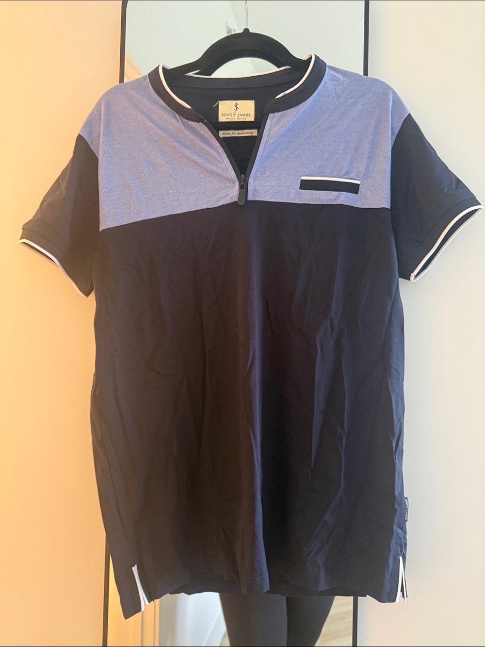 Colorblock Navy and Light Blue Short-Sleeve Zip Polo